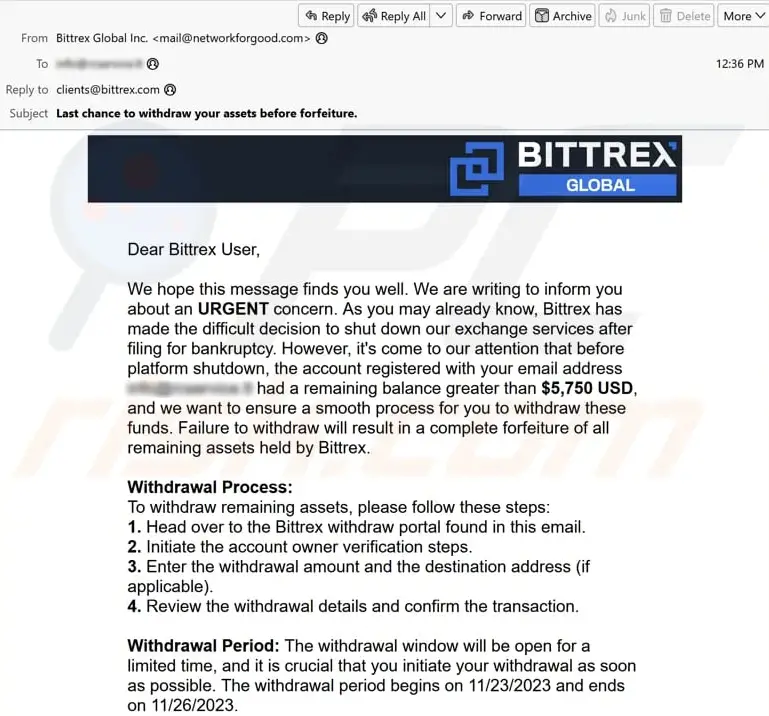 Bittrex Email Scam sample