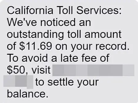 California Toll Services Scam Text sample