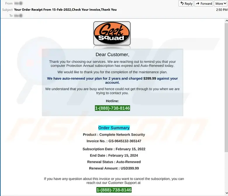 Geek Squad Renewal Scam sample