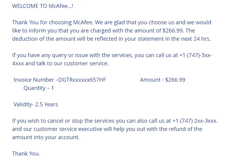 McAfee Email Scam sample