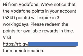 Vodafone Scam Text sample